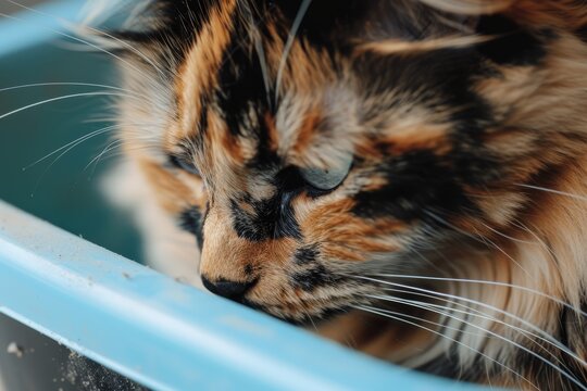 Overweight calico maine coon cat suffering from constipation struggling to use the litter box at home with a saddened expression