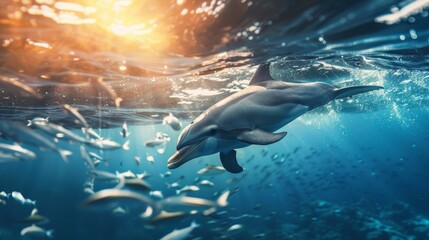 Obraz premium Dolphin hunting fish in the ocean.