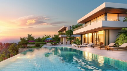 Obraz premium Modern luxury villa with stunning infinity pool and breathtaking sunset view