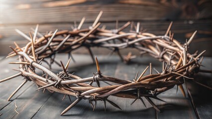 Fototapeta premium Crown of thorns of Jesus Christ, crown of thorns made of twisted stems with sharp points