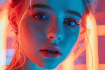 Obraz premium Photo of girl with vibrant makeup on vivid backdrop