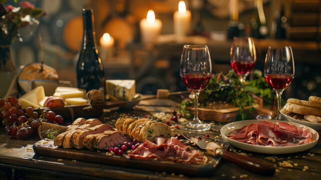 A dining scene where wine is paired with gourmet food, emphasizing the harmony between flavors. Include dishes like cheese, bread, seafood, and meats artfully presented alongside wine glasses.
