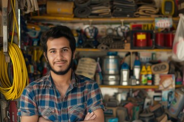 Fototapeta premium Portrait of a good looking vendor greeting customers at a hardware store