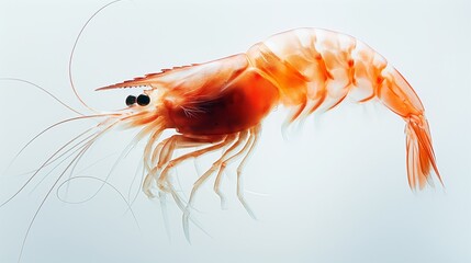 Close-up of a tiny transparent shrimp with delicate legs on a white background, detailed view