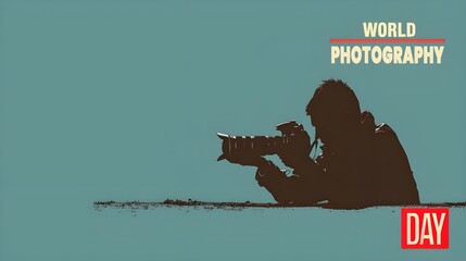 World Photography Day banner with text world photography day on the right, a man taking a photo with a camera.
