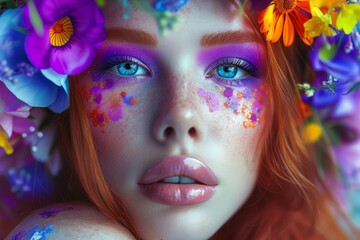 Obraz premium Portrait of a stunning redhead girl with flower makeup and 60s style neon makeup She is a young princess bride with flowers in her long hair exuding a bohemian v