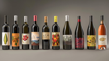 An array of wine bottles with distinctive labels from different regions, vintages, and grape varieties. Showcase the diversity and branding in the wine industry