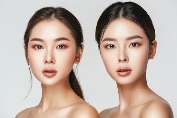 Portrait of two beautiful Asian women with smooth skin on a white background representing facial care cosmetology beauty and spa
