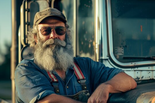 Portrait of middle aged bearded truck driver with CDL license by truck CDL training and job opportunities available