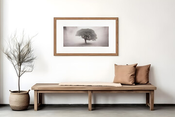  wooden rustic bench near a white wall in a farmhouse, country, and boho interior design of a modern home entryway features two frames