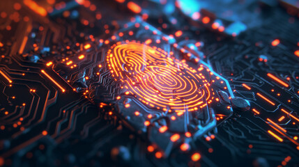 Digital fingerprint glowing on a circuit board, symbolizing cybersecurity.