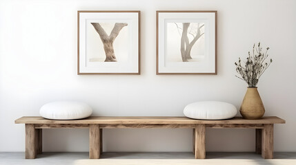  wooden rustic bench near a white wall in a farmhouse, country, and boho interior design of a modern home entryway features two frames