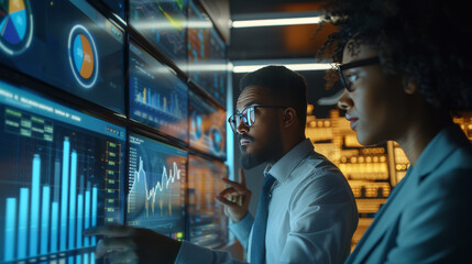 Analysts working with interactive dashboards displaying real-time data, charts, and graphs. Emphasize the role of big data and AI in driving business insights and decision-making. 