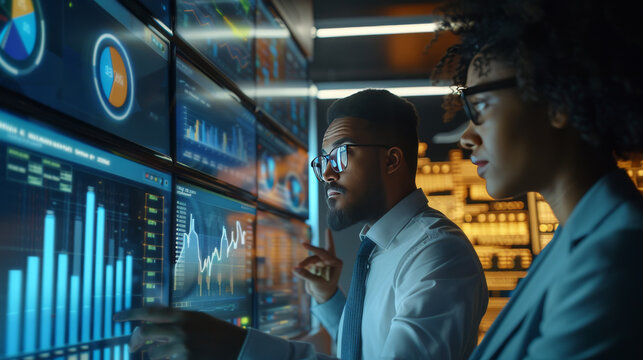 Analysts working with interactive dashboards displaying real-time data, charts, and graphs. Emphasize the role of big data and AI in driving business insights and decision-making. 