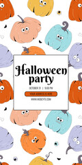 Groovy retro Happy Halloween invitation for party or festival. Funky colorful character pumpkin with spooky and skary face. Vector illustration template.