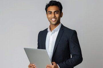 Smiling attractive Indian or Arabian entrepreneur holds laptop in hands looking friendly at camera over white background with copy space