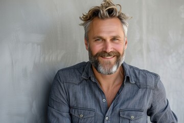 Fototapeta premium Smiling bearded blonde guy with trendy hair in a casual grey shirt posing for a portrait