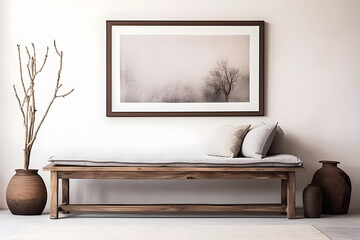  wooden rustic bench near a white wall in a farmhouse, country, and boho interior design of a modern home entryway features two frames