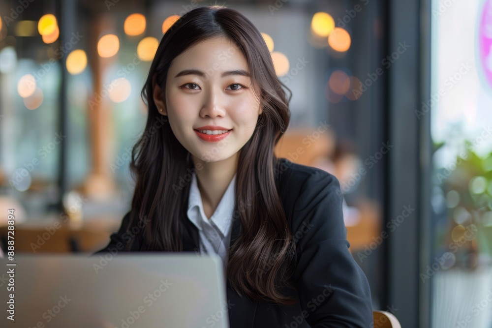 Wall mural portrait of a beautiful smiling asian business woman in a casual suit working on a laptop at the off