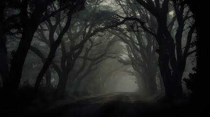 Fototapeta premium a view of a road with trees and fog in the background