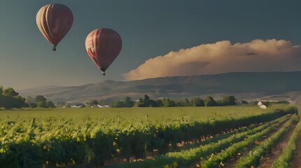 Naklejka premium a two hot air balloons flying over a vineyard field