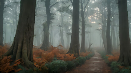 Obraz premium trees and ferns line a path in a misty forest
