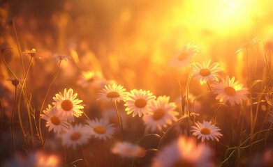 Fototapeta premium A serene field of daisies illuminated by warm, golden sunlight.