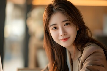 Portrait of a beautiful smiling asian business woman in a casual suit working on a laptop at the office.