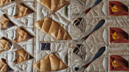 a many pieces of bread on a quilted table