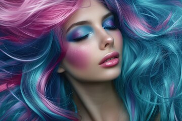 Fototapeta premium Stunning lady with vibrantly colored hair artistic makeup and hairstyle Gorgeous face