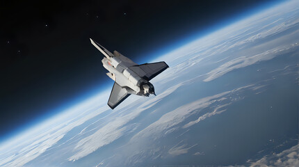a jet flying over the earth with a blue sky in the background