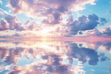 Stunning pink clouds reflect on the water s surface during a serene morning