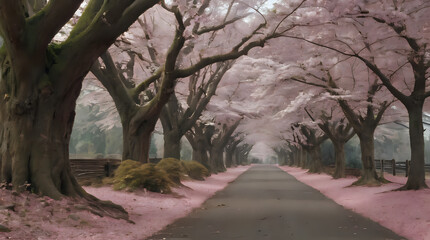 Obraz premium a road lined with trees that are pink