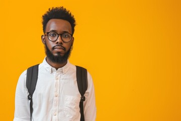 Obraz premium Stylish African student wearing white shirt glasses and backpack posing on yellow studio background