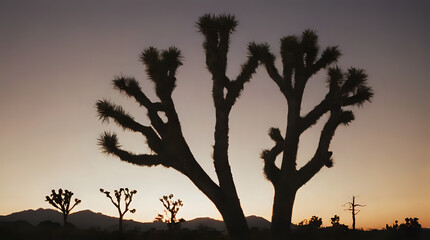 Obraz premium joshua tree silhouetted against the setting sun in the desert