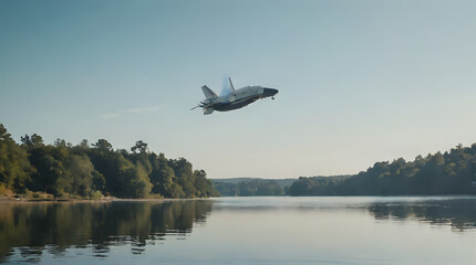 a plane flying over a lake with trees in the background