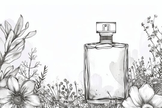 perfume bottle with flowers, black and white clip art preview