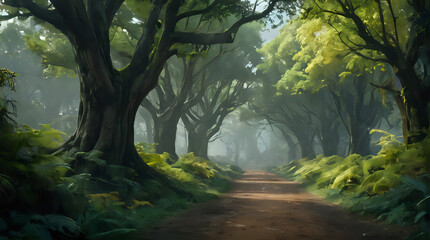 Naklejka premium a painting of a path through a forest with trees