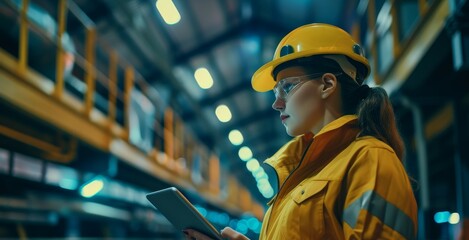 Successful female industrial specialist wearing safety uniform and hard hat uses tablet computer in a metal construction manufacturing setting