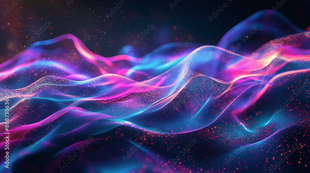 Poster abstract waves of light with glowing particles creating a futuristic feel.