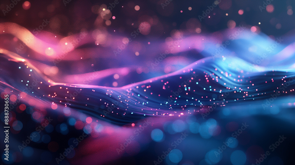 Poster abstract waves of light with glowing particles creating a futuristic feel.