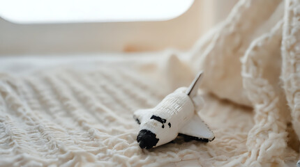 a small toy airplane on a bed with a white blanket