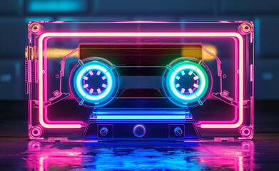 Fototapeta na wymiar A neon-lit cassette tape with vibrant colors in a retro-futuristic setting.