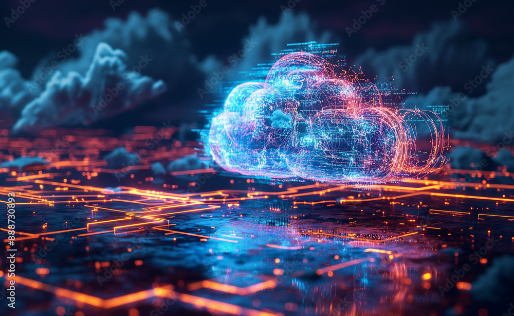 Poster futuristic digital cloud with vibrant colors and data streams in a sci-fi landscape.