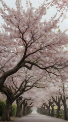 Obraz premium a street lined with trees with pink flowers