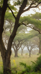 a giraffe standing in the middle of a field with trees