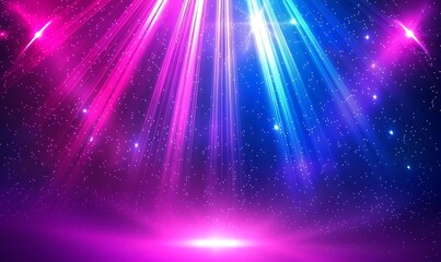  Neon Blue pink violet stage lighting illuminated, lens flare effect, shining star rays, generative ai