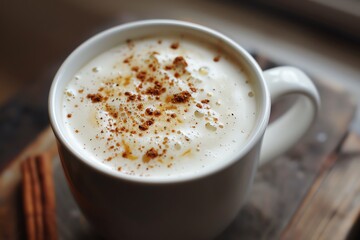 Obraz premium Closeup of a warm cup of coffee with cinnamon and whipped cream.