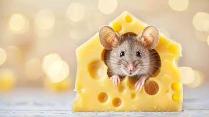 Fototapeta premium A mouse is standing in front of a yellow cheese block. The mouse is looking at the camera