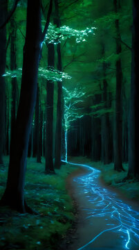 a path in the woods with a light trail